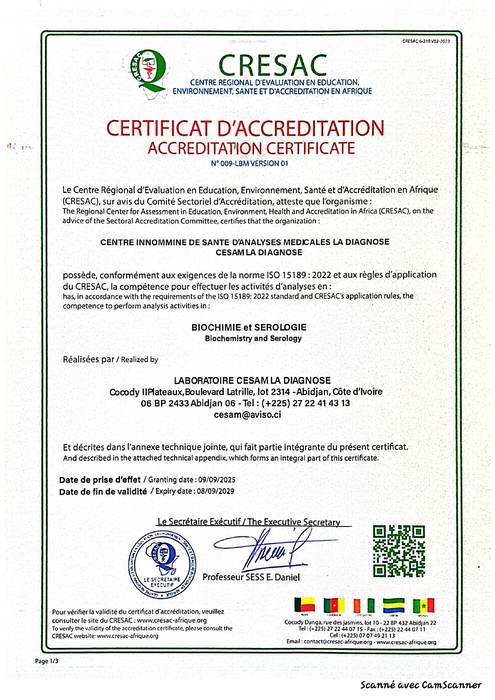 Certificat d'accréditation CRESAC ISO 15189:2022